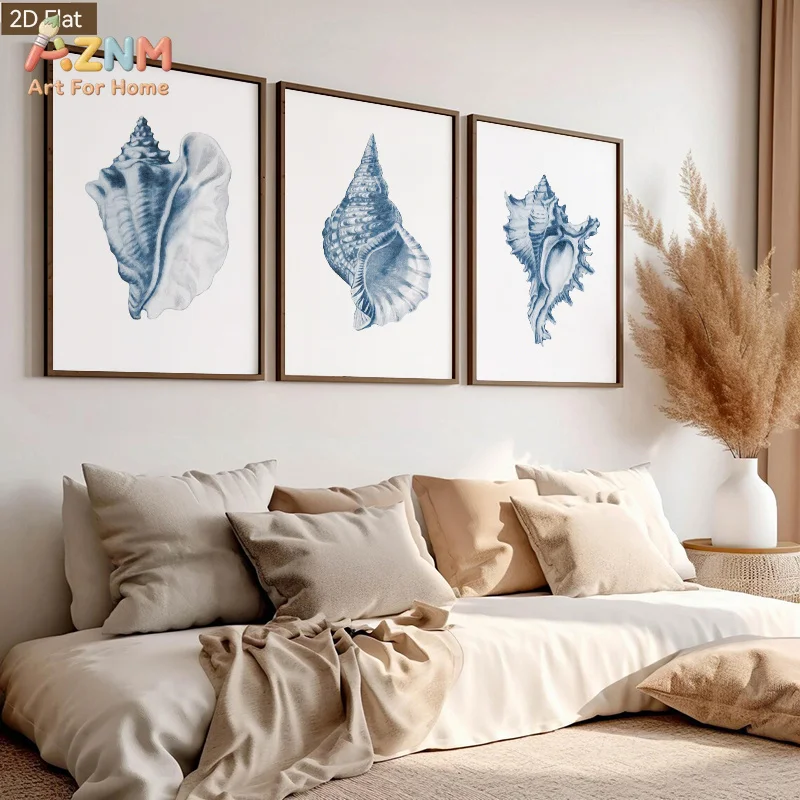 1pc/3pcs Blue Spiral Conch Wall Art Minimalist Ocean-Themed Canvas Paintings Suitable for Room Decor