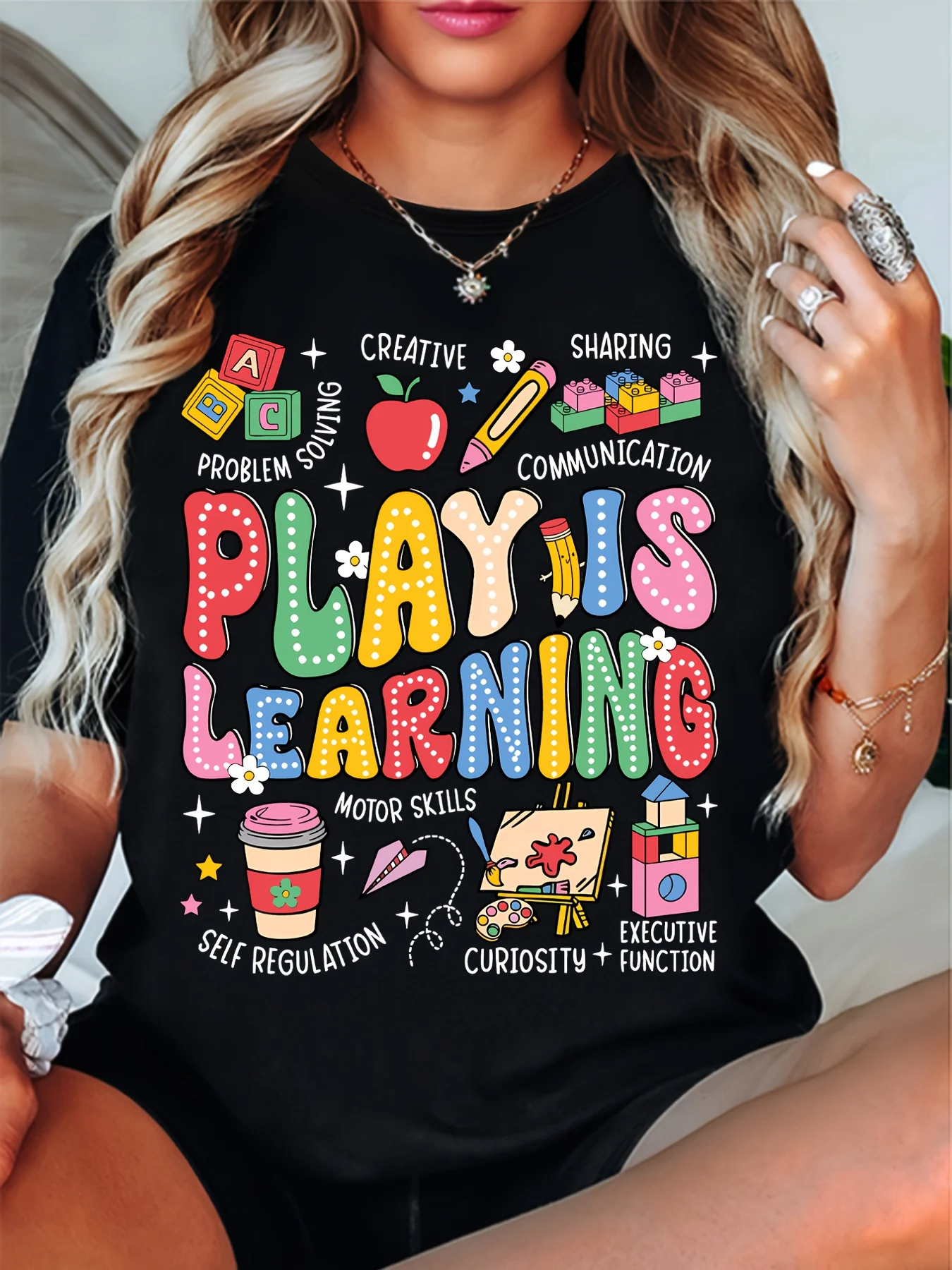 Play Is Learning Teacher T-Shirt Vibrant Educational Graphic Print T Shirt Crew Neck Short Sleeve Tees Tops Women's Clothes 90s