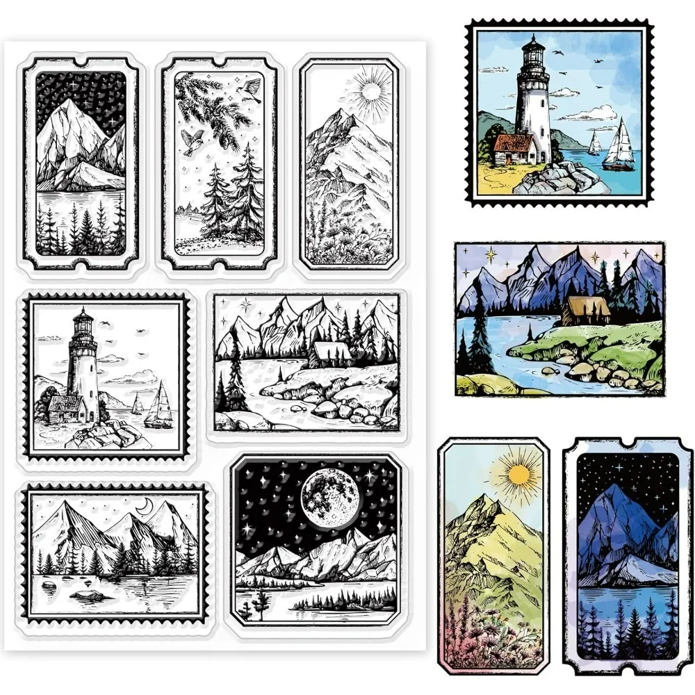 1pc Retro Landscape Clear Stamps for DIY Scrapbooking Vintage Lighthouse Mountain Forest Scenery Silicone Clear Stamp Seals