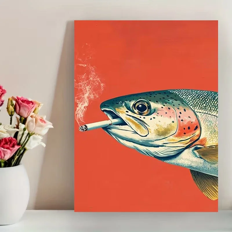 Multiple sizes 1pc frameless Canvas Painting,Smoked Trout Funny Vintage Fish Poster and Prints Canvas Painting Wall Art Pictures