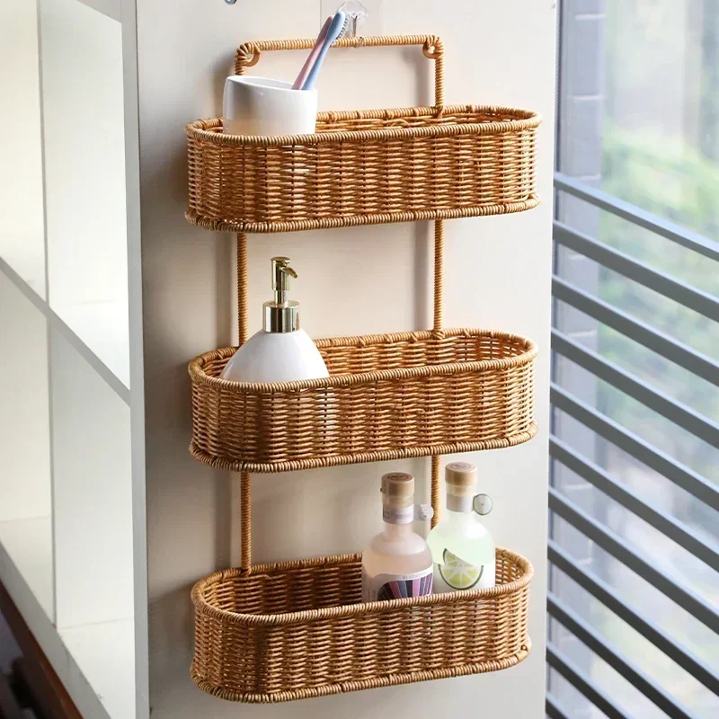 

Imitation Rattan Shelving Unit Non-Punching Bathroom Organizer Multi-Storey Kitchen Storage Streamlined Spaces