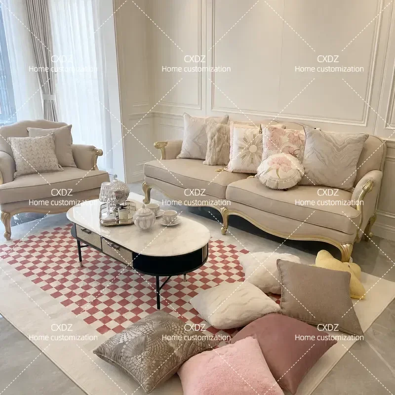 Post Modern Simple Living Room Sofa French Retro Fabric Champagne Solid Wood Carving Flower American Light Luxury Leather
