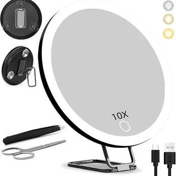 빛이 있는 10X 확대경, 6 인치 LED 메이크업 확대경, 3 색 밝기 조절 메이크업 거울, 10X 배율, Li