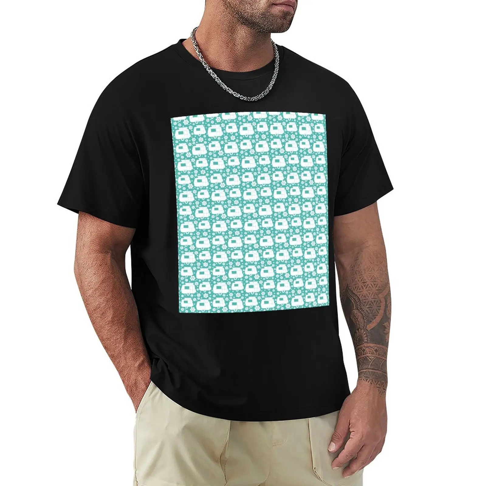 

Daisy Polka Dot Vintage Caravan Pattern in Turquoise and White T-Shirt affliction shirts Anime t-shirt men clothings