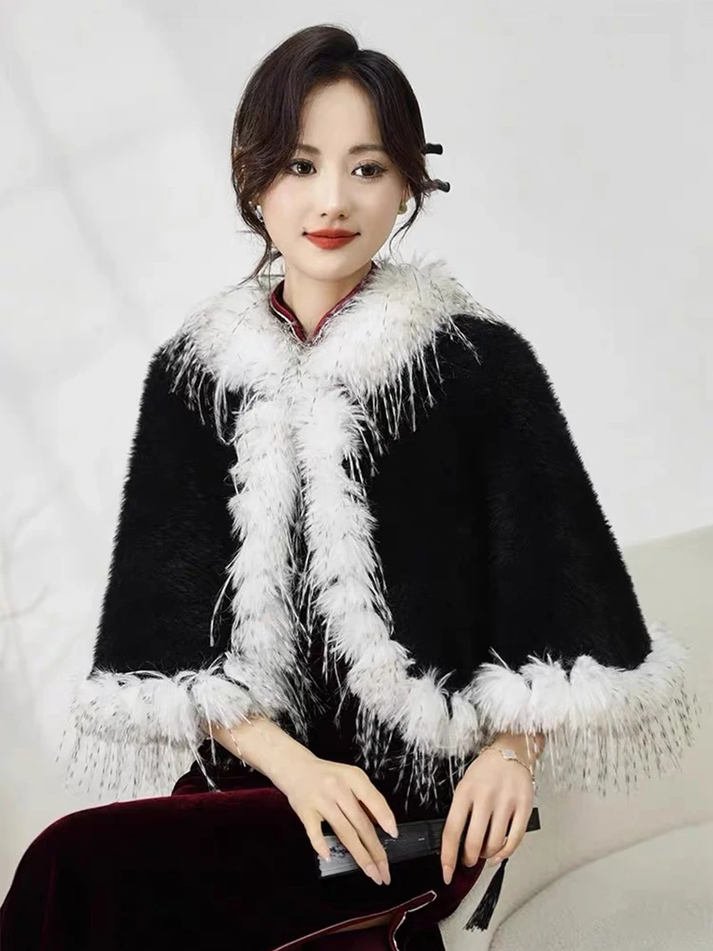 Noble Luxury Like Peacock Faux Fur Cape Short Coat Imitate Mink Cashmere Shawl Women Party Wedding Dress Poncho Autumn Winter