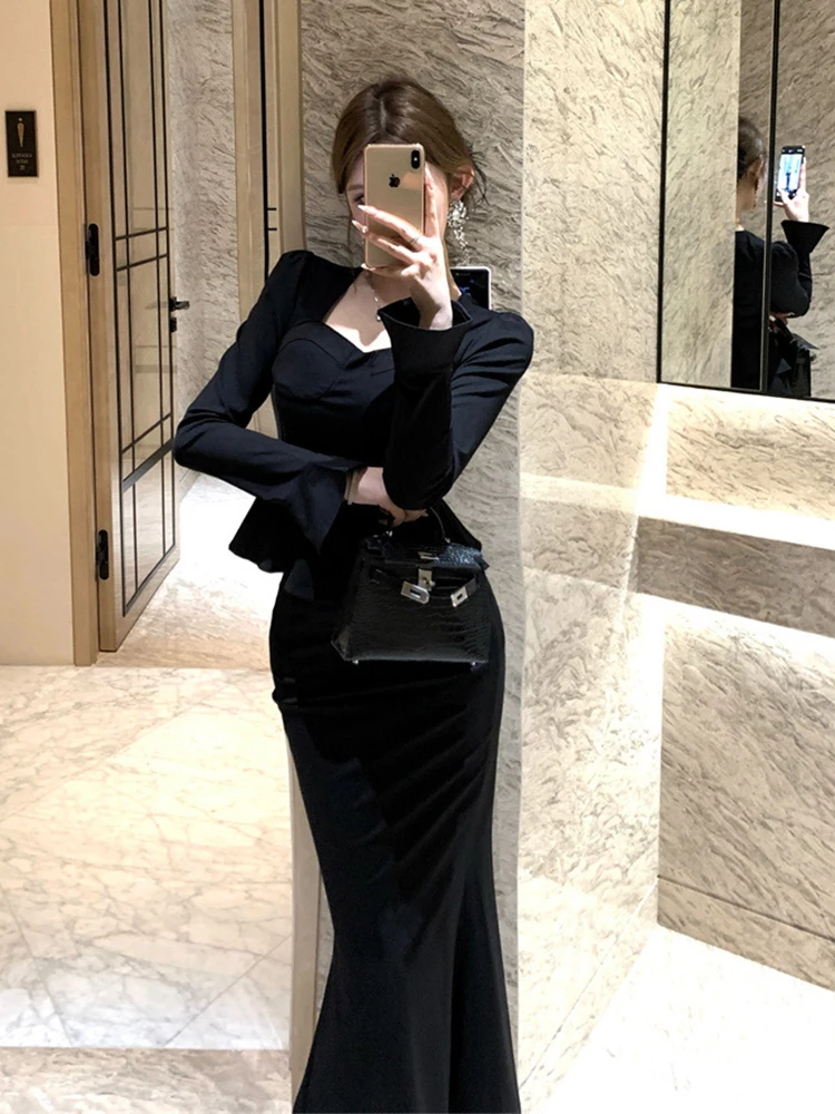 Women Clothes Black Outfits Elegant Lady Mujer Ruffle Square Neck Tops Shirt Blouse And Fishtail Long Skirt 2 Pieces Set Formal