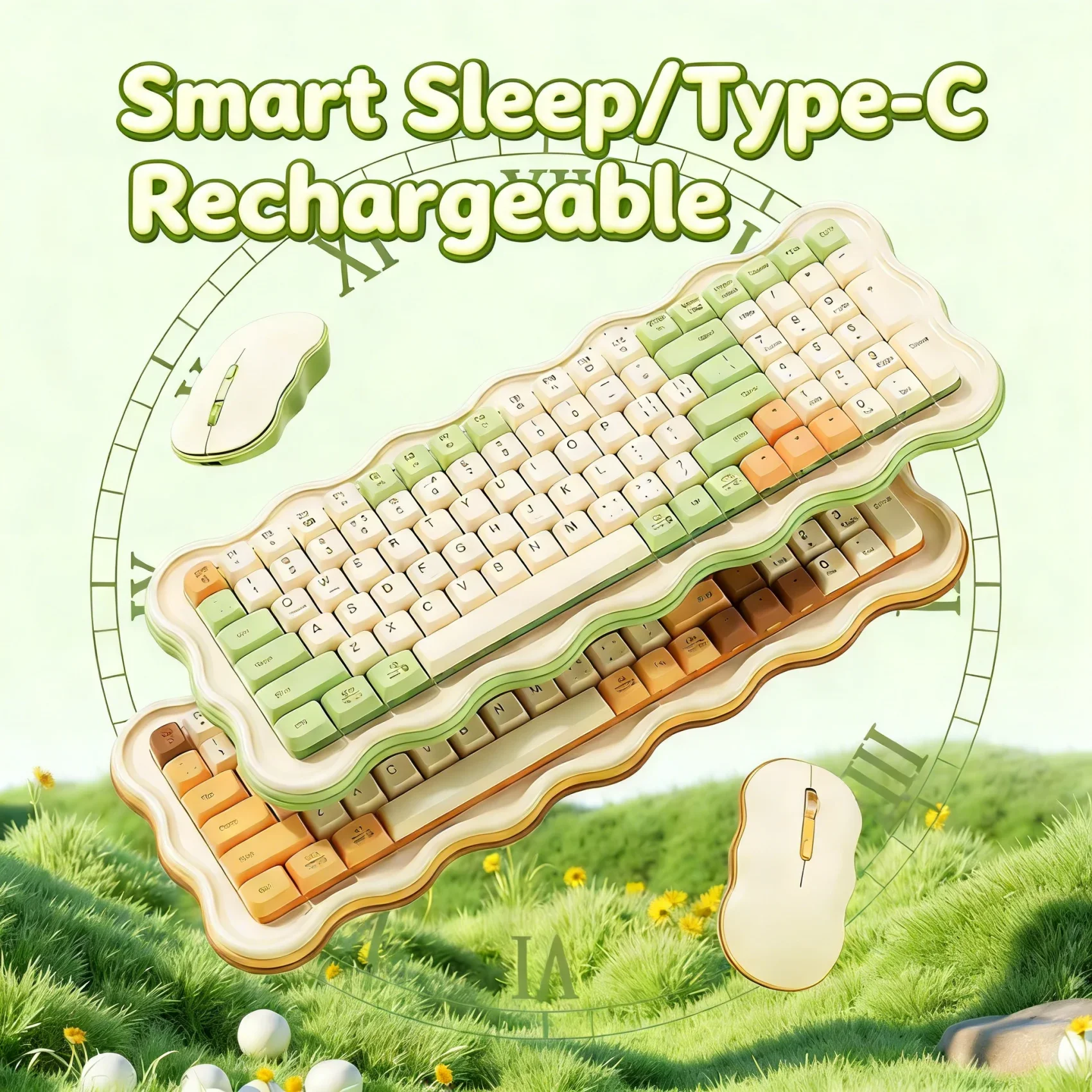 Cute Wireless Keyboard Matcha Green 98 Key Silent Click Type-C Rechargeable Ergonomics Office Gaming For Laptop PC