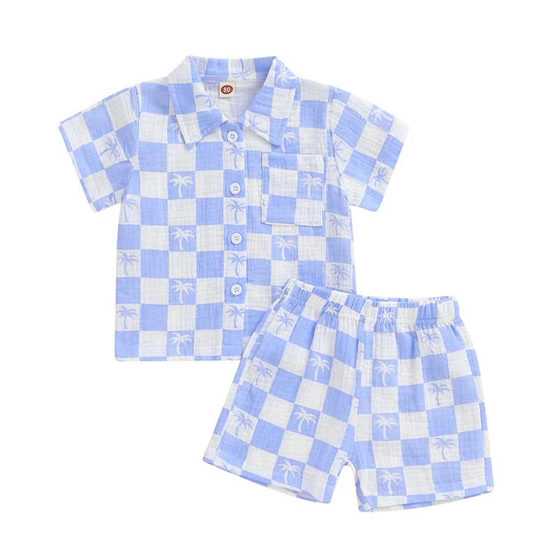 

Little Boy Checkerboard Outfit Tree Print Lapel Neck Short Sleeve Shirt Elastic Waist Shorts Summer Set for Baby Toddler