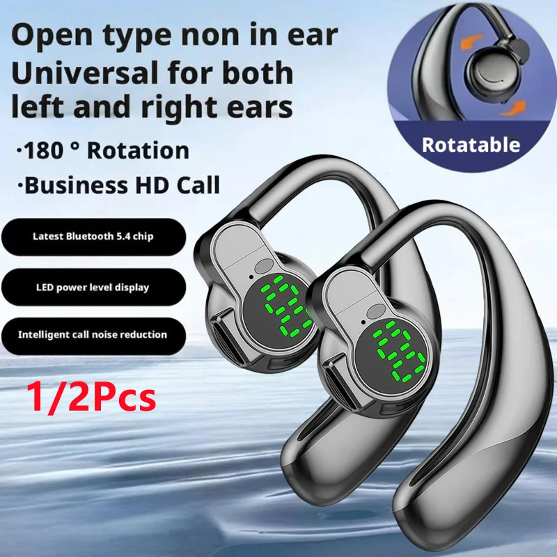 1/2 Peças Sem Fio 360 °   Fones de Ouvido Bluetooth 5.4 Rotativos com Gancho para o Ouvido, Cancelamento de Ruído, Fones de Ouvido Esportivos Sem Fio