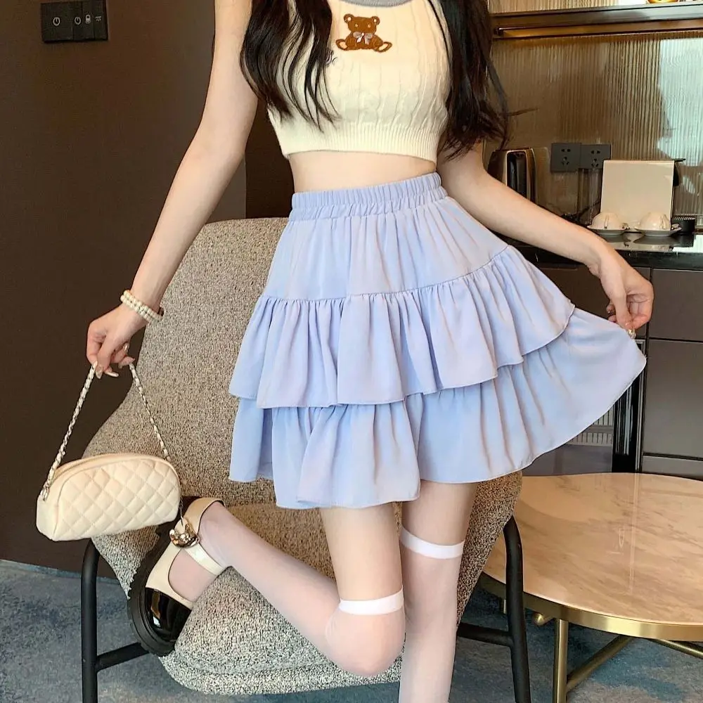 

A-line High Waisted Cake Skirt Double Layer with Safty Pants Pleated Fluffy Mini Skirt Solid Color Elastic Waist