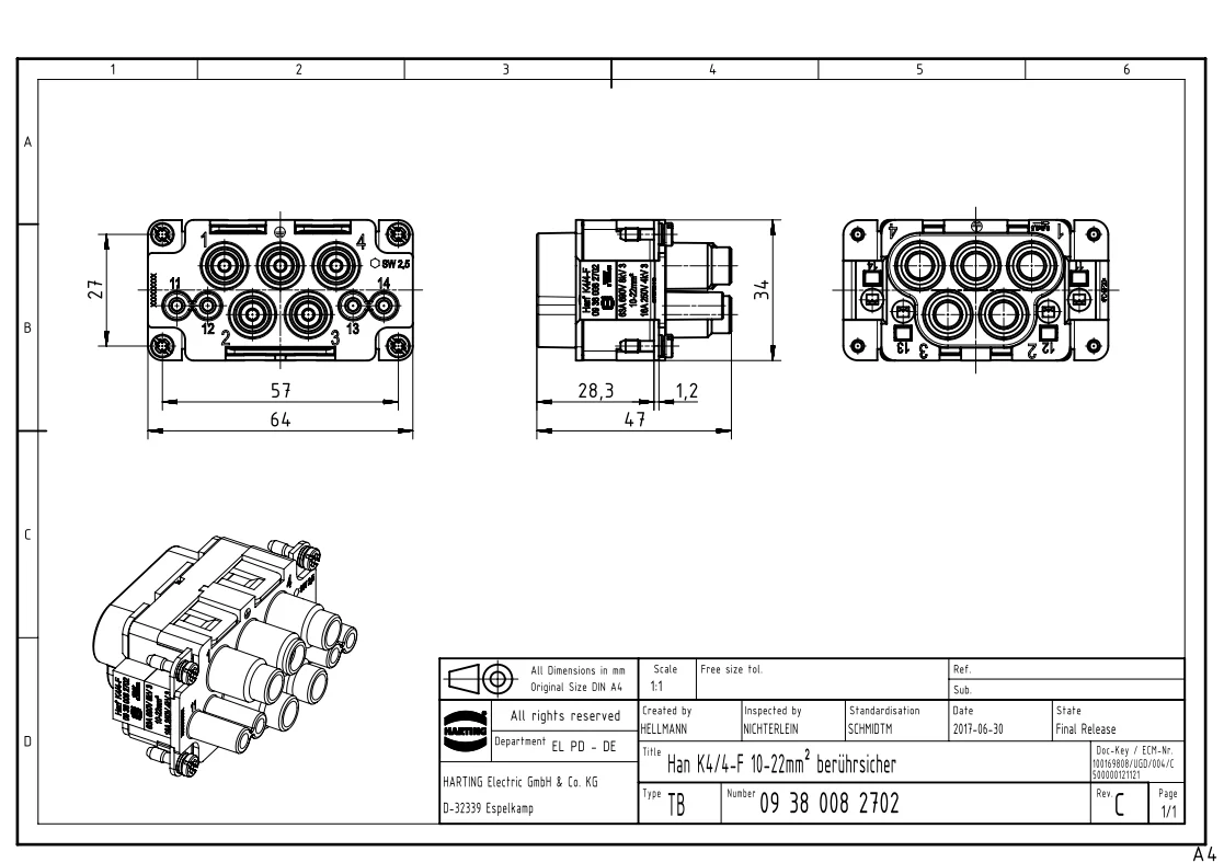 HARTTING    09380082702 Han K4/4-F 10-22mm² berührsicher