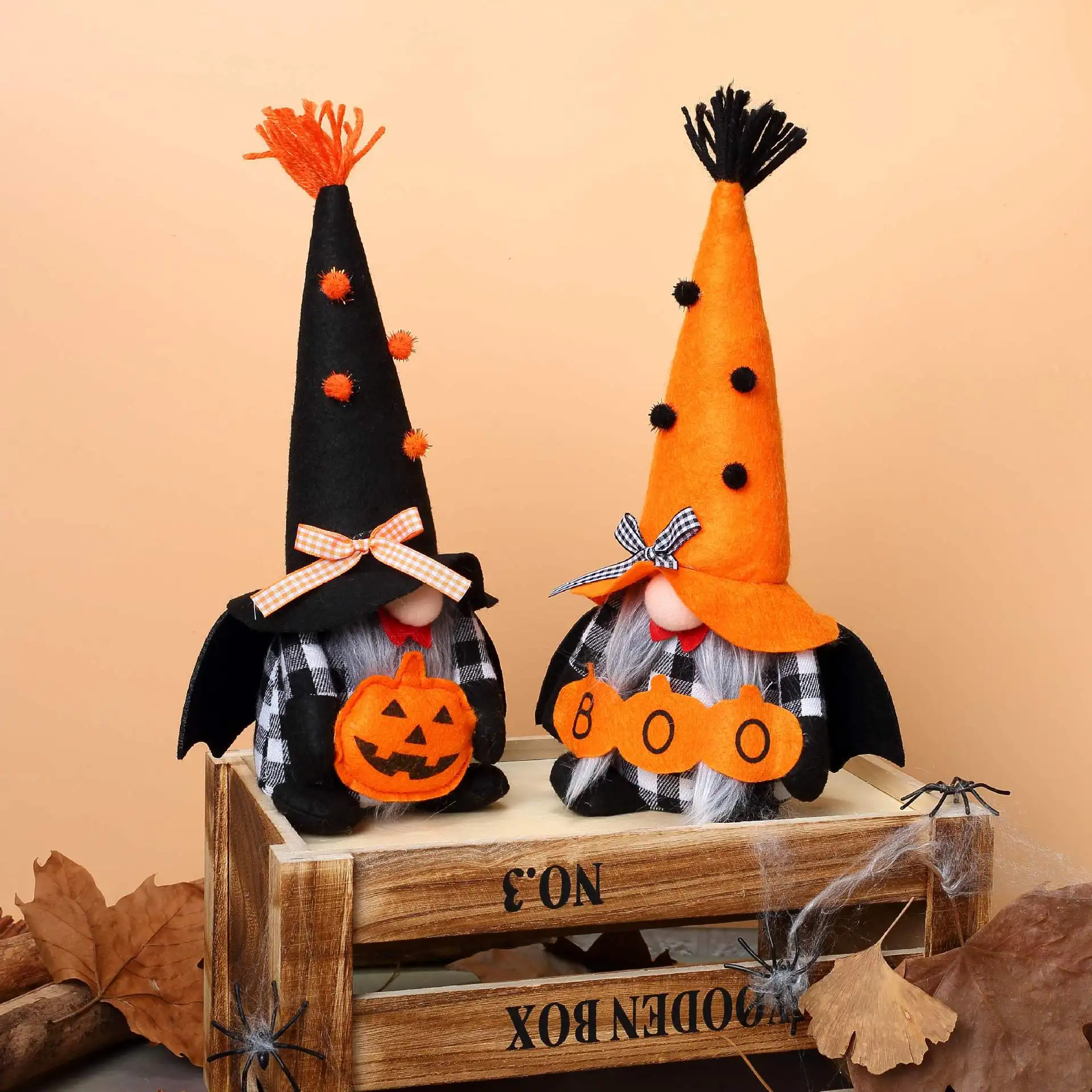 

2Pcs Halloween Faceless Gnome Elf Plush Toy with Pumpkin & Bat Wings Desktop Ornament Holiday Gift