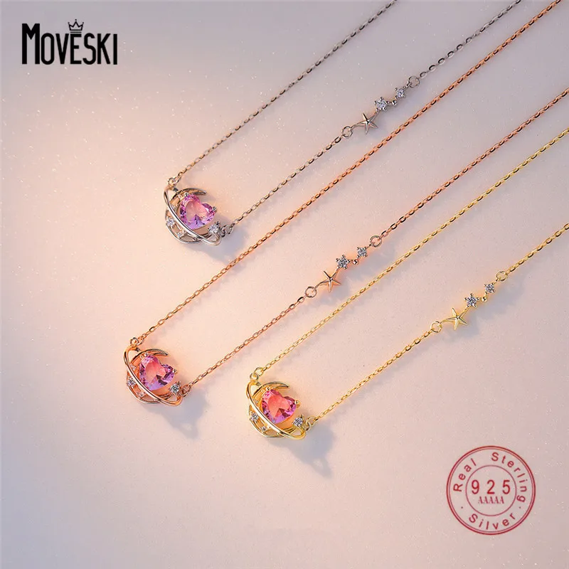 

MOVESKI 925 Sterling Silver Pink Gradient Crystal Zircon Moon Heart Pendant Necklace Women Sweet Banquet Jewelry Gift