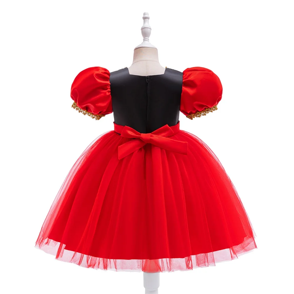 Young Girls Noble Red Queen Party Dress Girl Fluffy Love Pattern Birthday Gown Holiday Dresses Kids Lace Fashion Costume Clothes