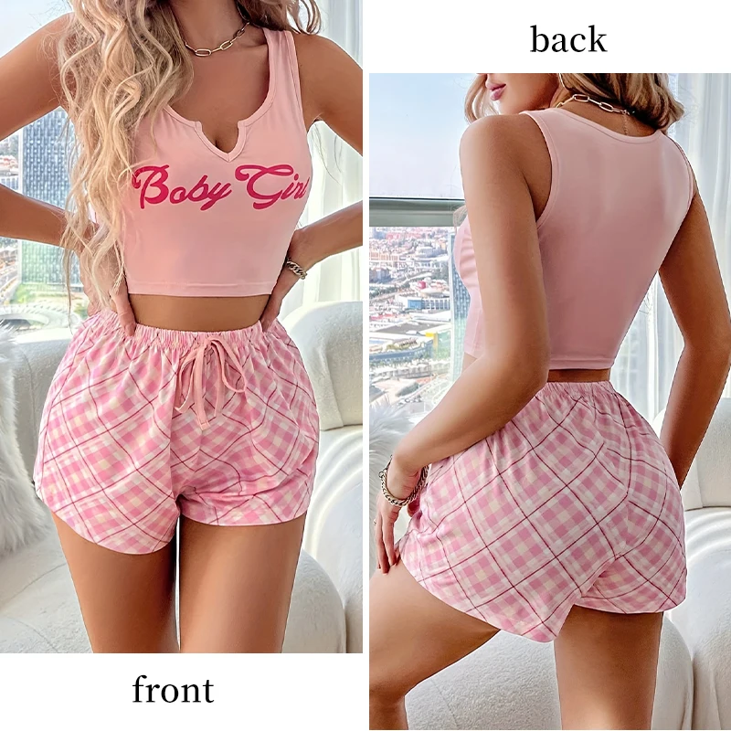 Fashion Women\'s Two-Piece Printed Letter Sleeveless Vest and Plaid Casual Shorts Pajama Set Summer Casual Home Pajama Set