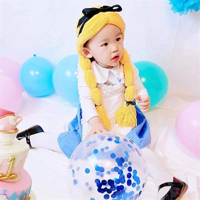 Children Baby Girl Hat Cosplay Princess Long Hair Braid Wig Cap Yellow Winter Knit Infant Kids Hats and Caps Photographic Props