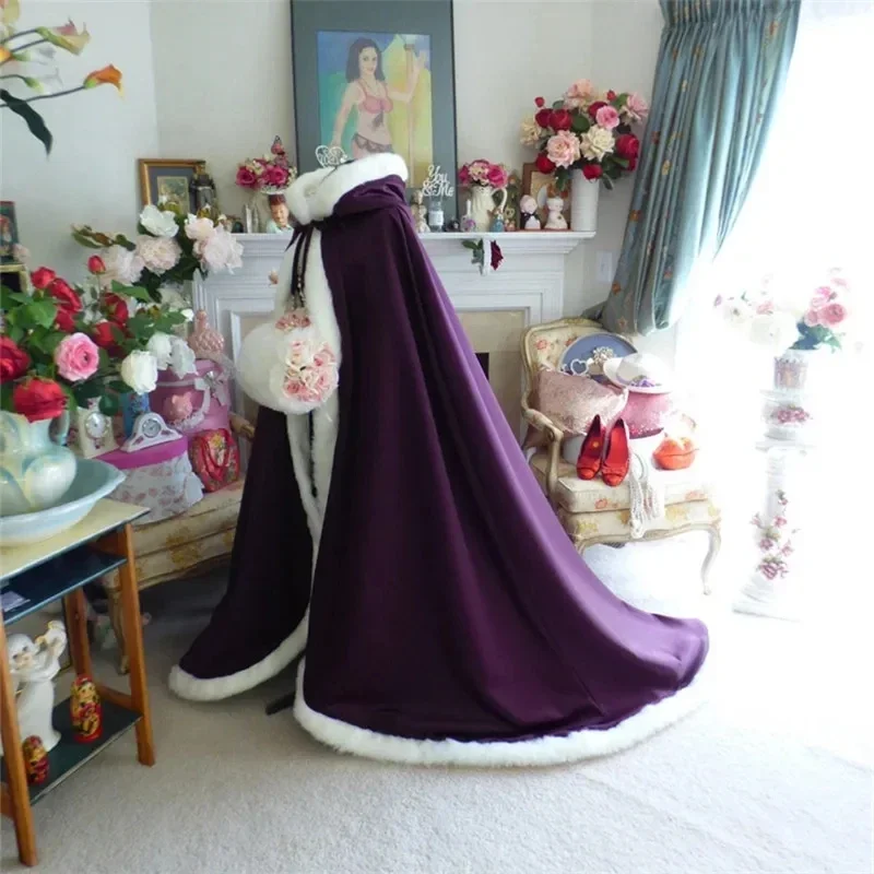 Purple Winter Cape, Faux Fur Edge, Wedding Party Hooded Jacket/Shawl, Bridal Wedding Accessories