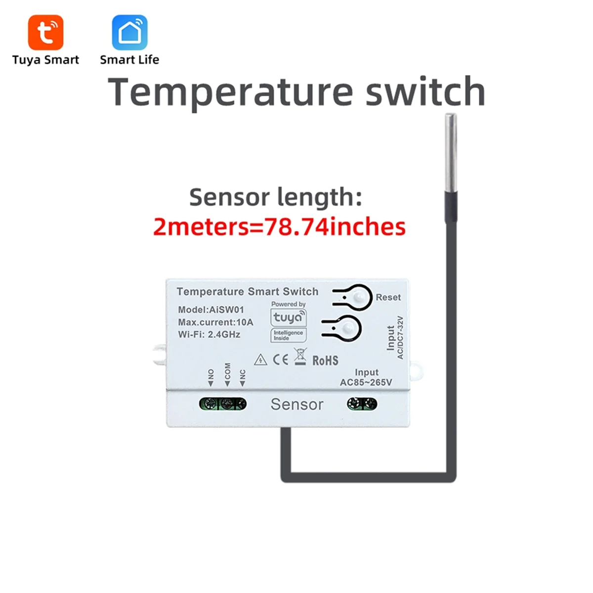 

SSR Tuya WiFi Temperature Switch Sensor 2.4G WiFi Temperature Switch Sensor Smart Switch with 2M Temperature Probe