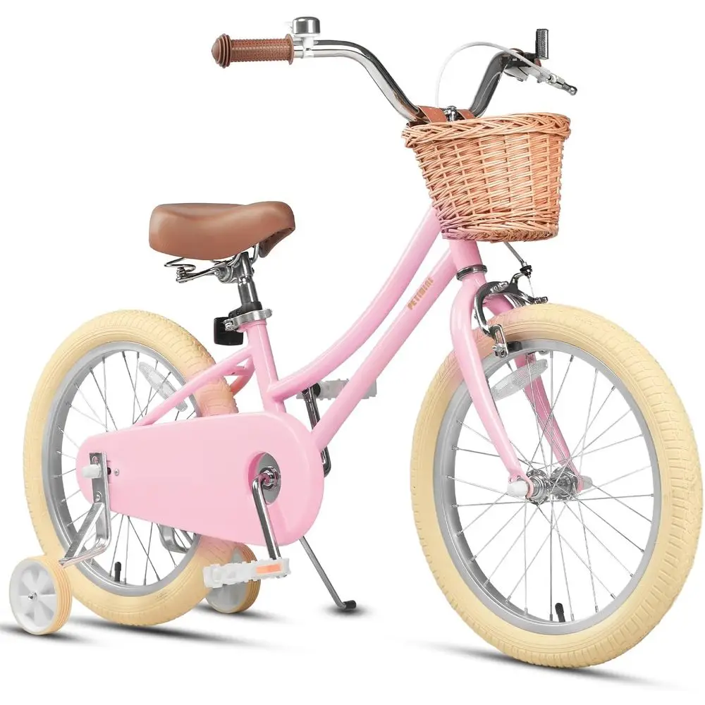 Bicicleta Infantil de Estilo Retro para Niñas, 12-20 Pulgadas, Cesta de Mimbre, Acero de Alta Resistencia, Ruedas de Entrenamiento, 85% Ensamblada