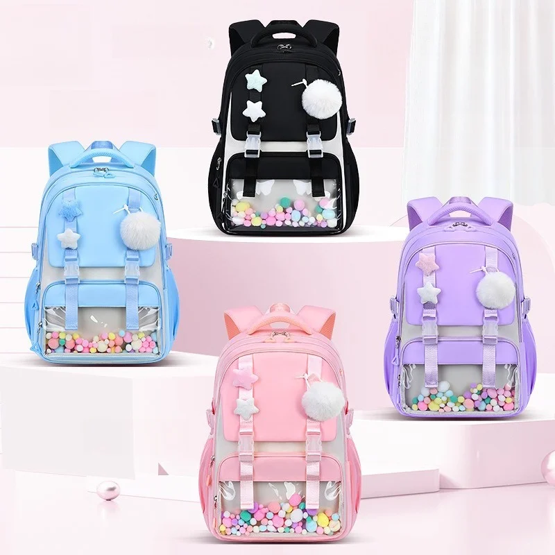 Kids Backpack Primary Student Schoolbag Plush Ball Cute Rucksack Fashion Clear Pocket Book Bag Lightweight Girls School Satchels