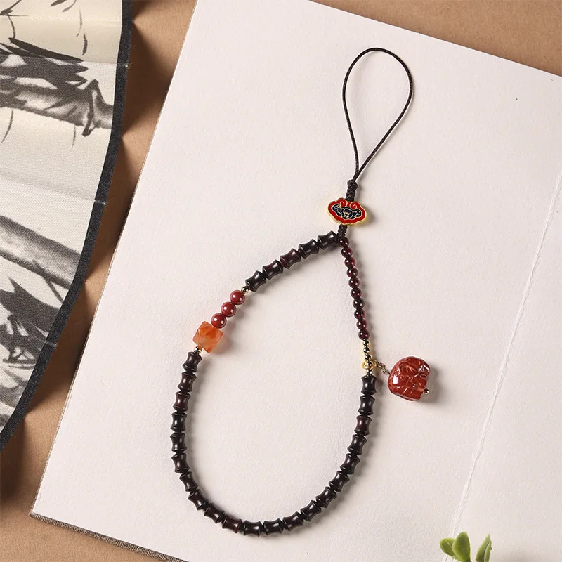 Wind Natural Indian Small Leaf Ancient Style Hanging Rope Anti Loss Mobile Phone Chain Short Red Sandalwood Cinnabar Pendant