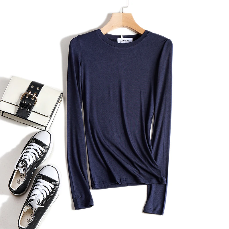 Bawełniana koszulka damska wysokiej jakości elastyczny, w stylu Basic solidna koszulki z długim rękawem damska koszulka na co dzień koreańska cienka O dekolt