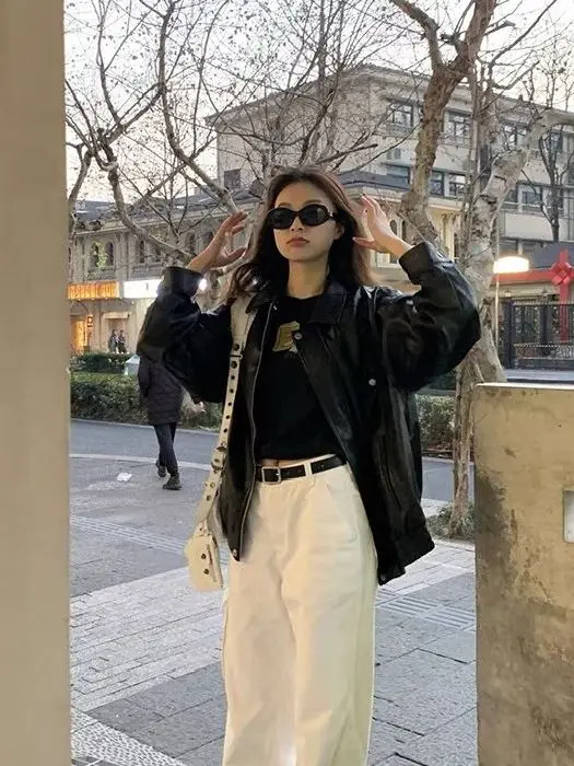 Bla PU Leather Jaet المرأة فضفاضة تناسب خمر Sle ort معطف تنوعا الخريف الشتاء تصميم Faion عارضة الرجعية Jaet #4