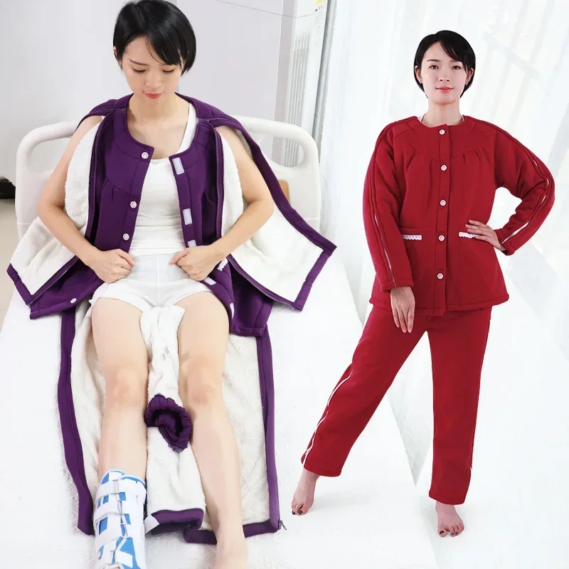 Women's Velvet Thickened Patient's Pajamas Fracture Paralysis Long Term Bed Rest EasyTo Put on And Take Off Warm Nursing Clothes