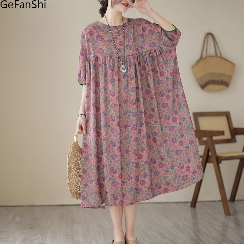 

2023 Summer Fashion Elegant Print O-Neck Short Sleeve Dress Cotton Linen Casual Loose Women Dresses Elegant Clothing Oversize