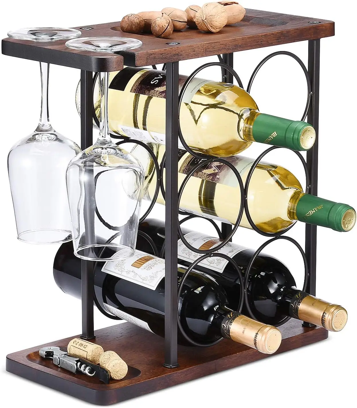 

Countertop Wine Rack with Glass Holder, Wooden Storage for Home Decor & Kitchen, Holds 6 Bottles and 2 Glasses