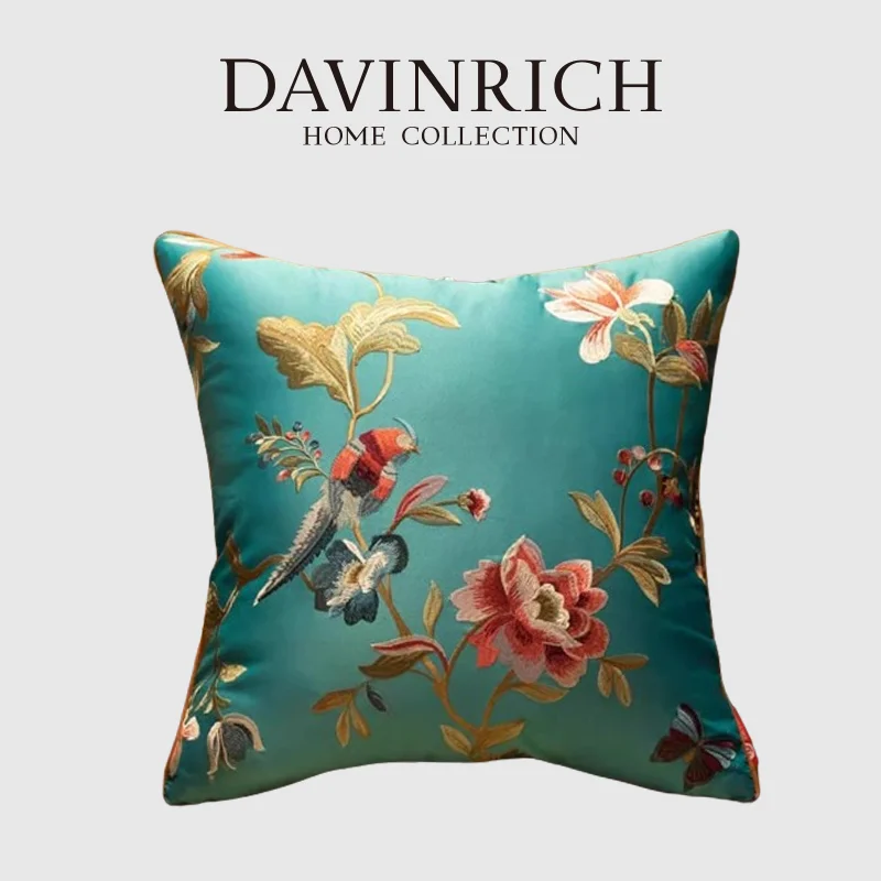 DAVINRICH Art Pillow Covers Exquisite Workmanship Peony Flower Embroidery High Grade Decorative Cushion Case 50x50cm Teal Color