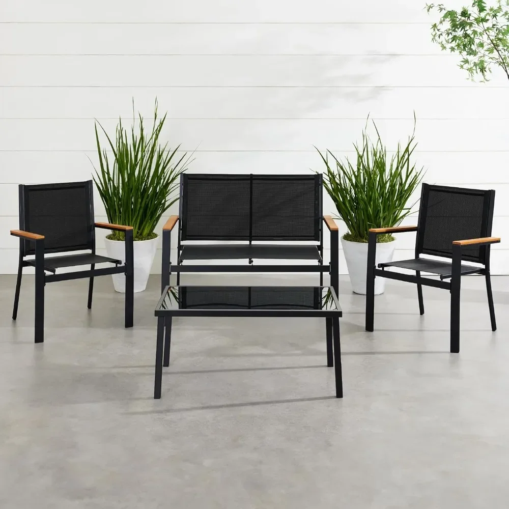 4-Piece Outdoor Textilene Patio Conversation Set, Backyard Furniture w/Loveseat, Coffee Table, Steel Frame