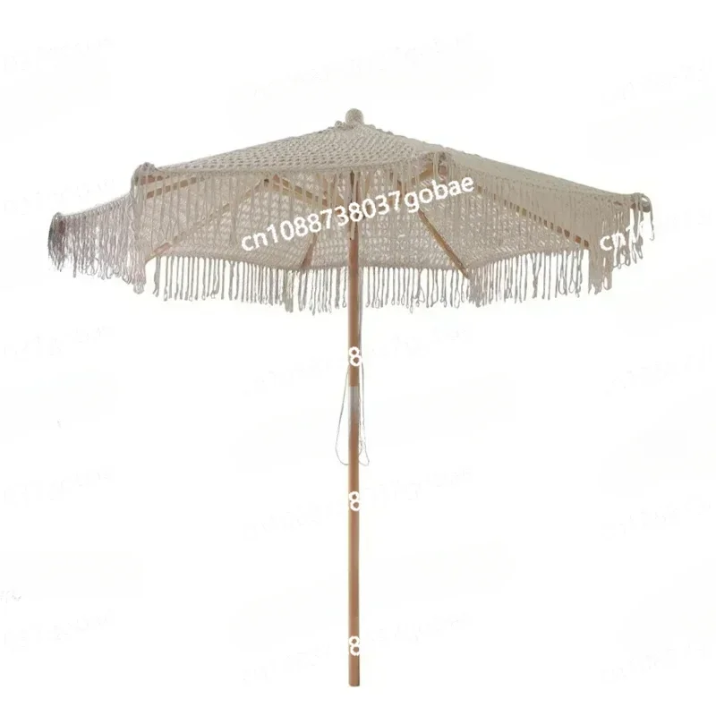 Bohemia Cotton Rope Parasols 2.5M Wooden Pole Handmade Tassels Woven Canopy BeachWith Macrame Fringe