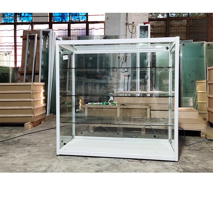 Custom.Guangzhou Old Factory Pure White Tempered Glass and Aluminum Frame All Sides Glass Cashier Counter Table with Lockable Do