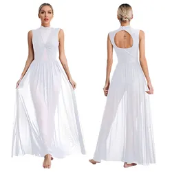 Womens Lyrical Dance Long Dress Cutout Back Full Length Overlay Leotard Costume Lady Latin Rumba Tango Maxi Dress Dancewear