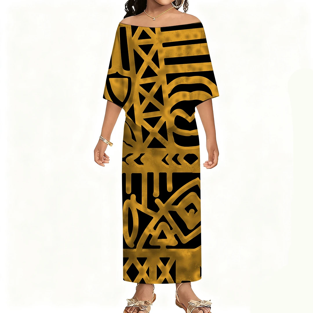 

High-Quality And Elegant Polynesian Custom-Made Off-The-Shoulder Front-Hem Long Dress For Women With Dress Patterns