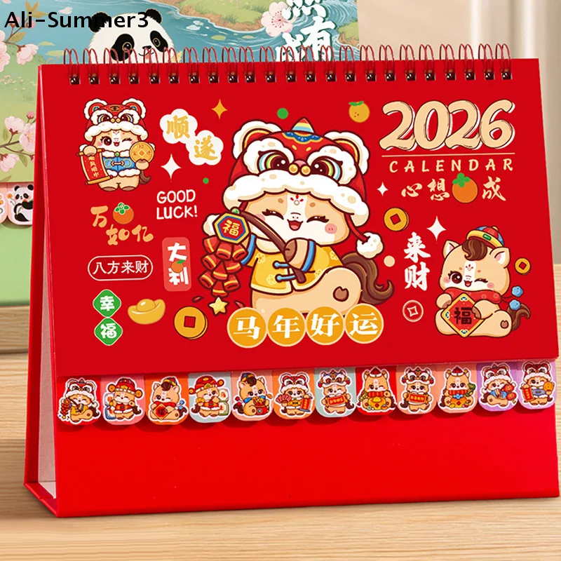 

Chinese Style 2026 Horse Panda Pattern Desk Calendar Coil Binding Horse Year Calendar Cartoon Month Date Display Monthly Planner