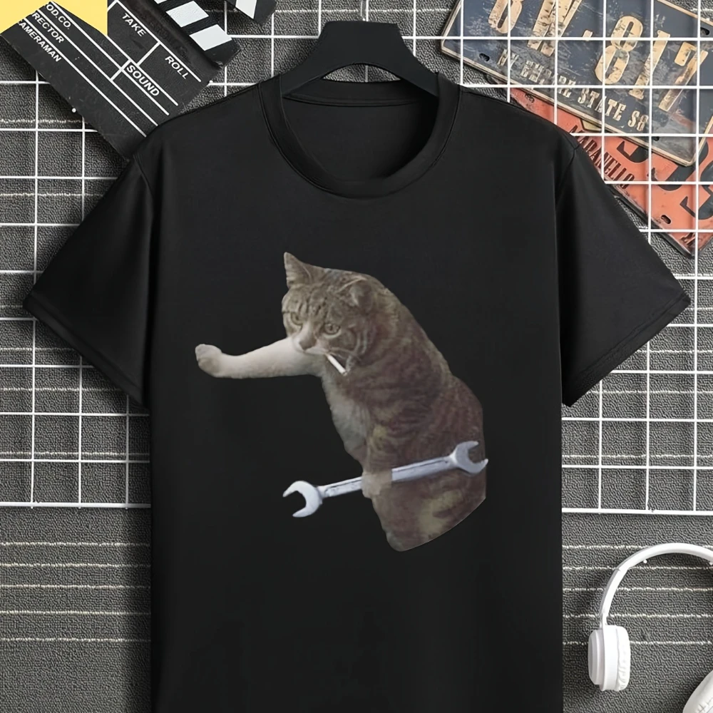 Funny Cat Wrench Repair Graphic Print T Shirt Men Women Casual Streetwear Loose Fit Top Trendy Humor Fashion Tee Gift.