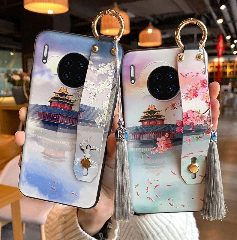 for Huawei P50 P40 P30 P20 Pro Lite Mate 40 30 Honor 50 30i Nova 5T 7i Case Embossed Hand Strap Holder Tassel Soft Cover Funda