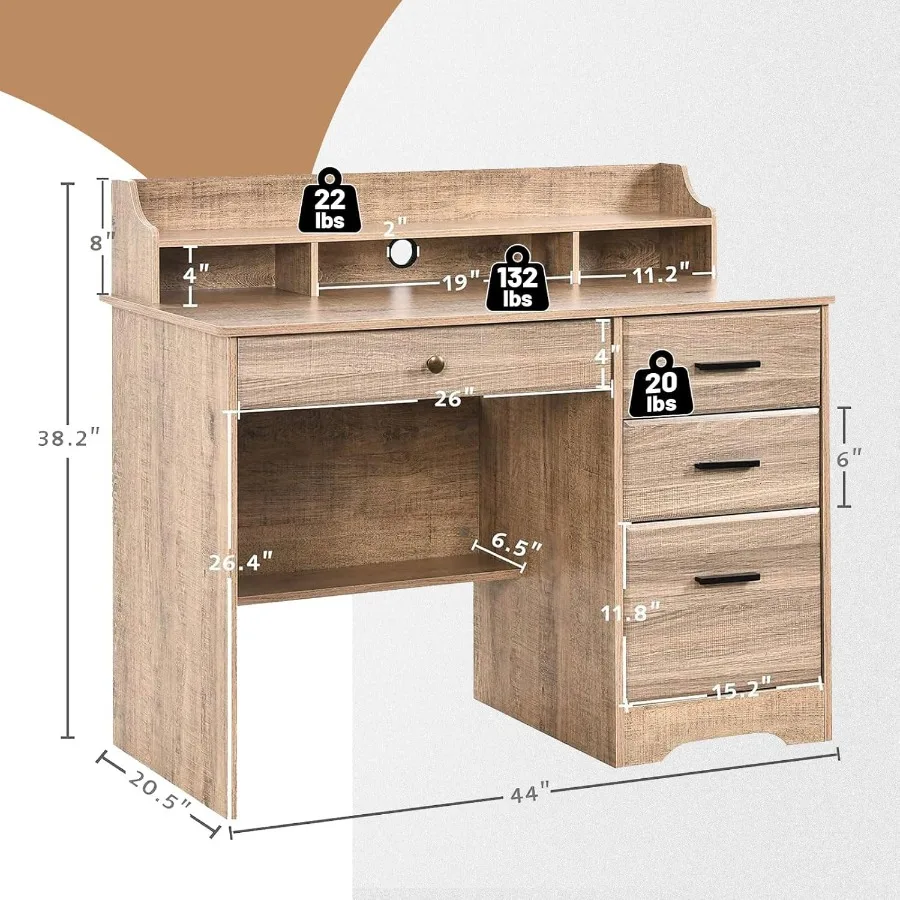 Computer Desk with 4 Drawers and Hutch Wood Executive Desks with File Drawer and Shelves Small Desk Study Table for Bedroom Stu