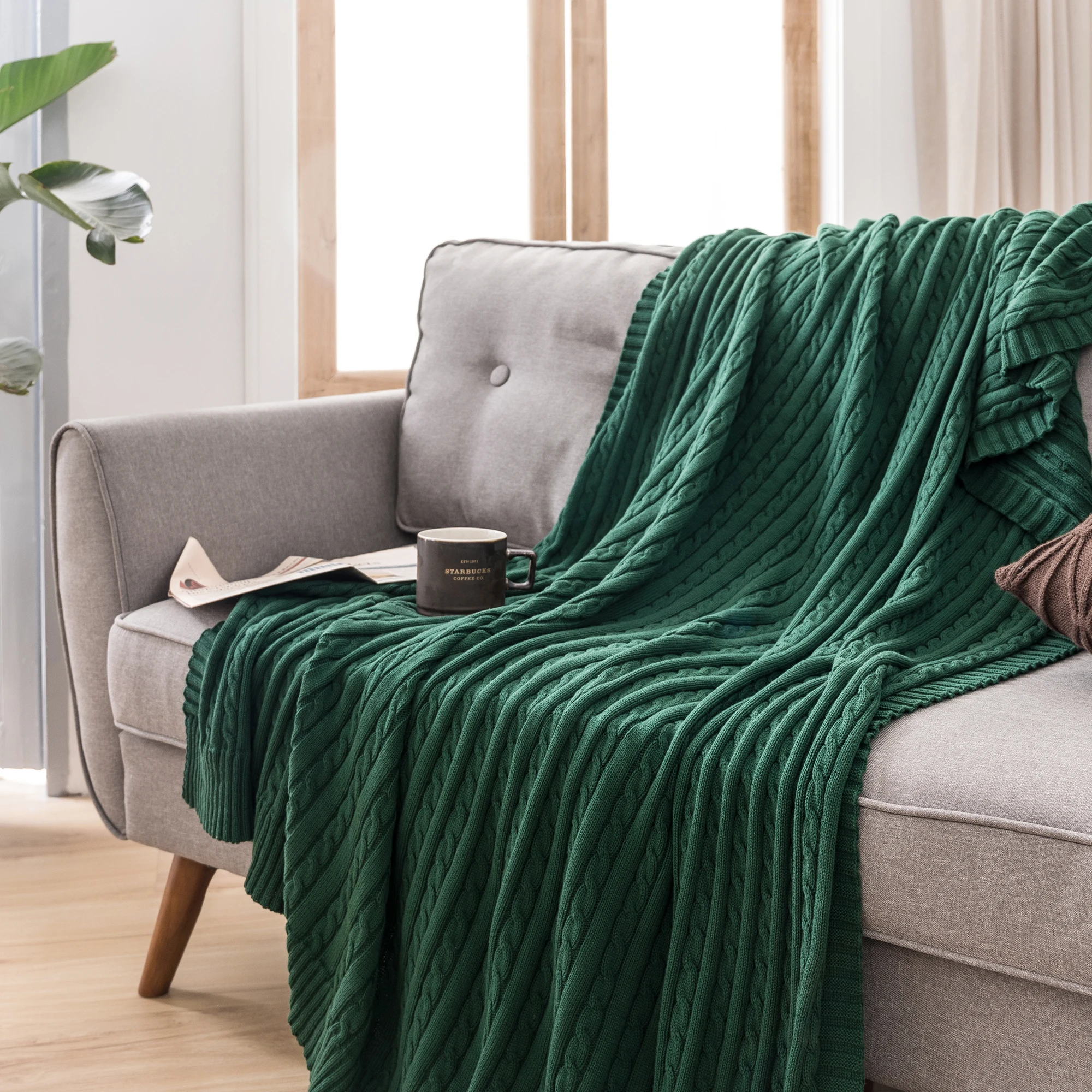 Battilo Cotton Knitted Throw Blanket Soft Cozy Cable Knit Sofa Throws Large Heavyweight Decorative Blanket for Twin Queen Bed