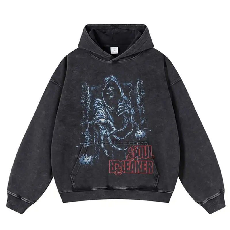 Harajuku الشارع الشهير 2025 الهيب هوب خمر الشرير غسلها الجمجمة طباعة هوديي فضفاض البلوز الشارع الشهير المتضخم البلوز مقنعين