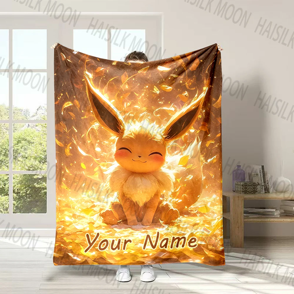 (Memo U Name)Custom Name Personalized Blanket Pokémon Eevee Printed for Sofa Bed Cover Blanket Suitable for Birthday Kids Gifts