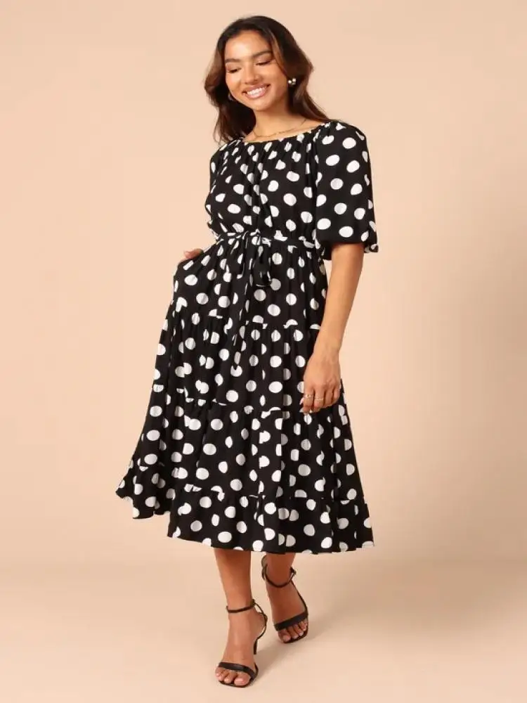 

Missuoo 2023 Summer Female Elegant Square Neck Short Puff Sleeves Lace up High Waisted Polka Dot Dress Women's Casual Midi Dress