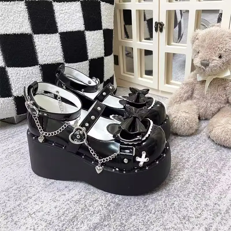Dark Gothic Round Headed Lolita JK Shoes Women Punk Black Bow Patent Leather Thick Soled Shoes Retro Mary Jane Sponge Cake Shoes