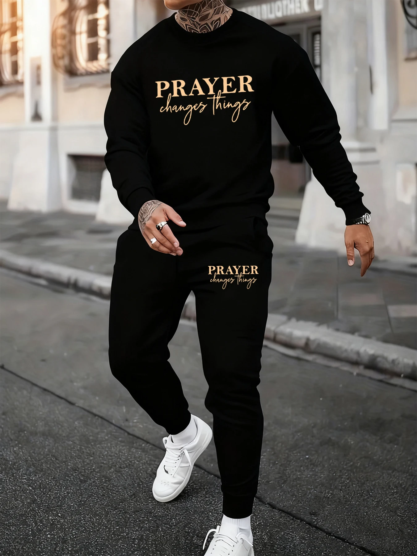 Prayer Change Things Printing Man Autumn Sweatshirt Set Soft O-Neck Two Pieces Sets Long-Length Street Shirt Couple'S Pants