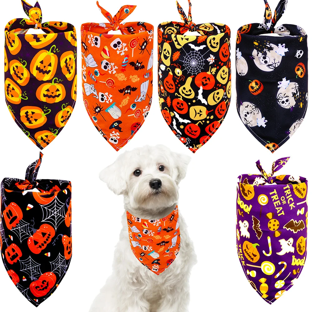 

10PCS Party Dog Bandanas Halloween Ghost Pumpkin Print Dog Scarf Bibs Adjustable Pet Triangular Scarf For Dogs and Cats