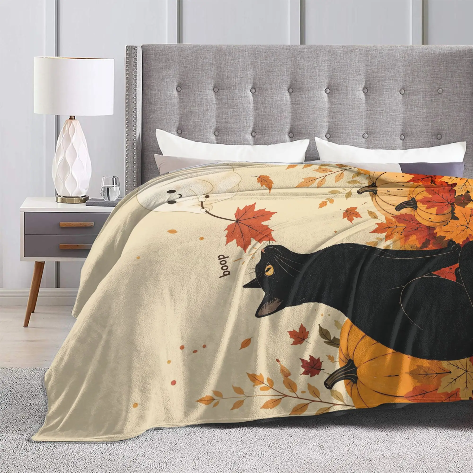 Halloween Black Cats Flannel Throw Blankets Witch Ghost Blankets for Sofa Car Ultra-Soft Plush Thin Quilt