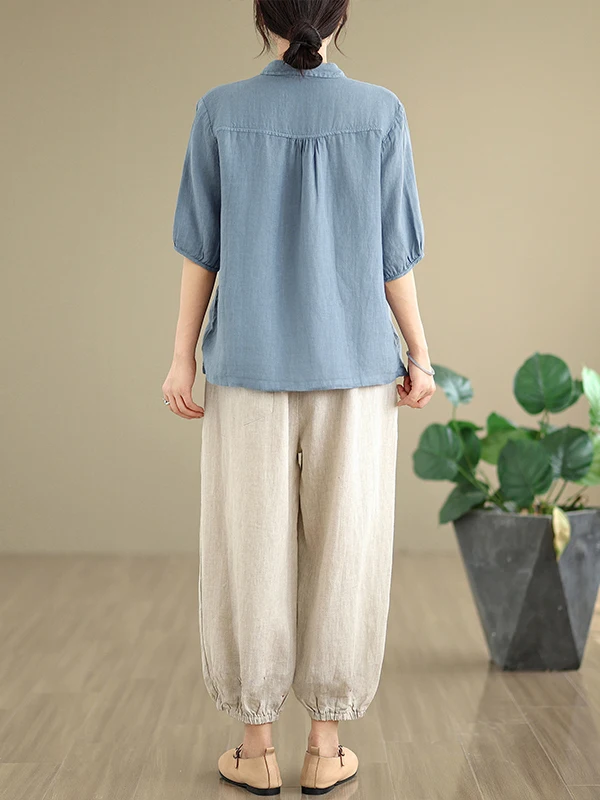 Faionable coton lin ensemble ort Sve boutonné brodé Harlan pantalon ample décontracté deux pièces ensemble âge 25-35 vêtements d'été