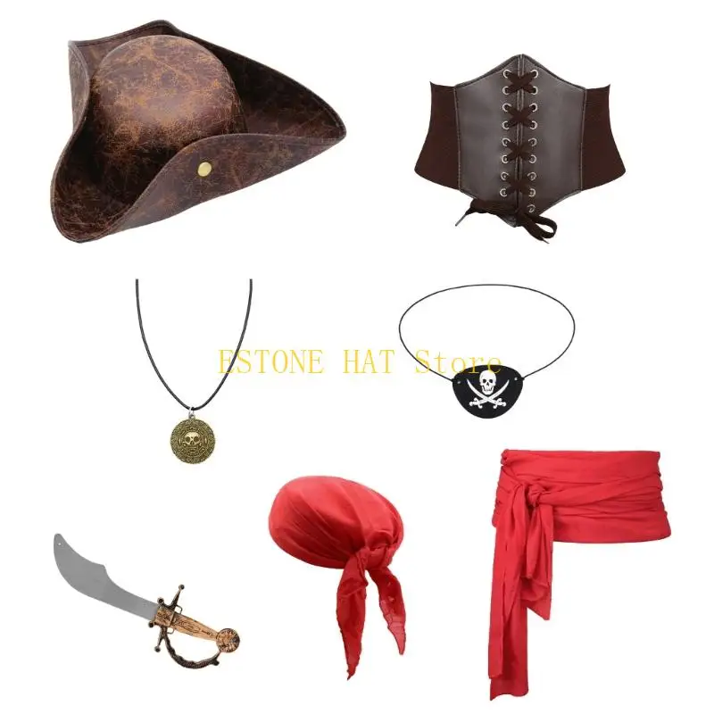 

49MF комплект из 7 предметов, пиратская шляпа и бандана, мягкие дышащие аксессуары на Хэллоуин для тематических вечеринок и
